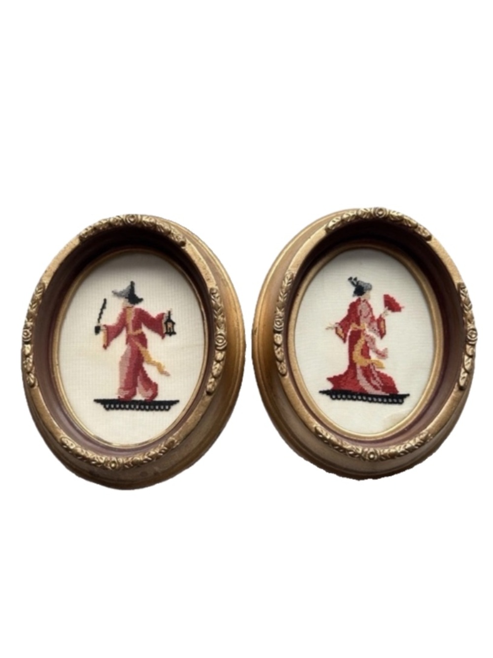 Vtg MCM Japanese Petit Point Framed Wall Art Pair